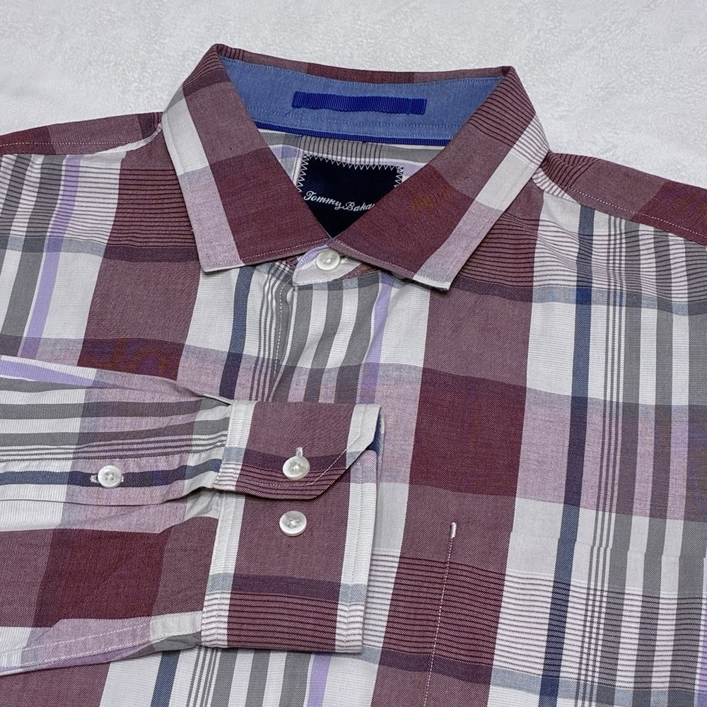 Tommy Bahama Men's Large Long Sleeve Cotton/Silk Button Up Purple/Gray Plaid